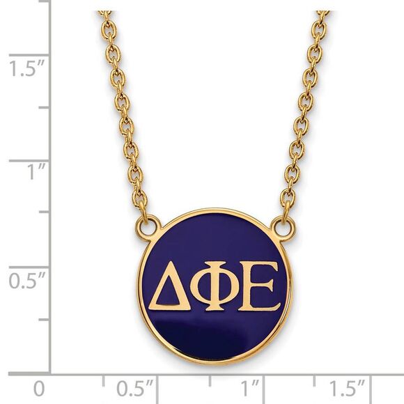 14K Plated Silver Delta Phi Epsilon Large Blue Enamel Disc Necklace - Picture 2 of 6